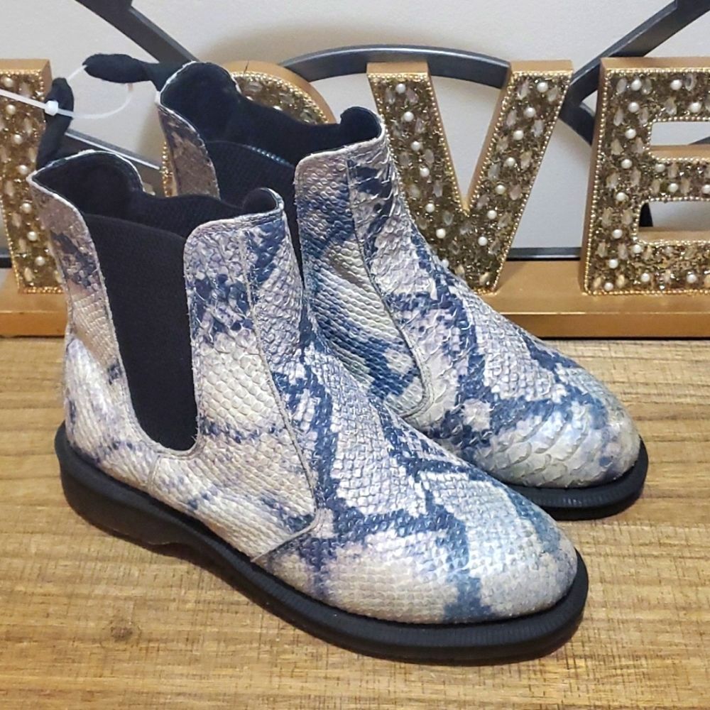 Dr. Martens Flora Leather Snake Print Chelsea Boot Pull On Ankle 6 Euro Boho